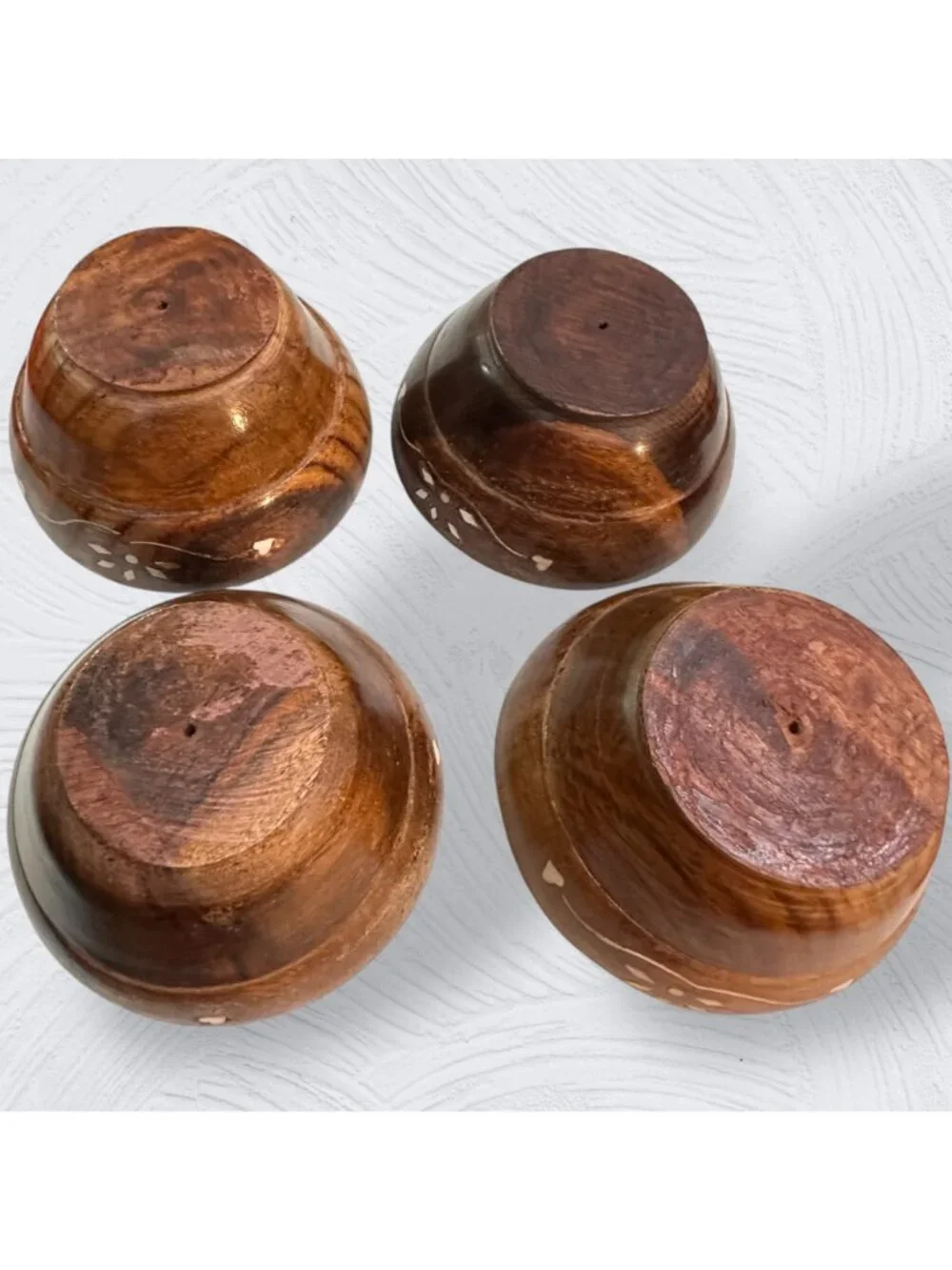 Sheesham Hand-Crafted Wooden Bowls With Matching Spoons - Set Of 4 With Floral I